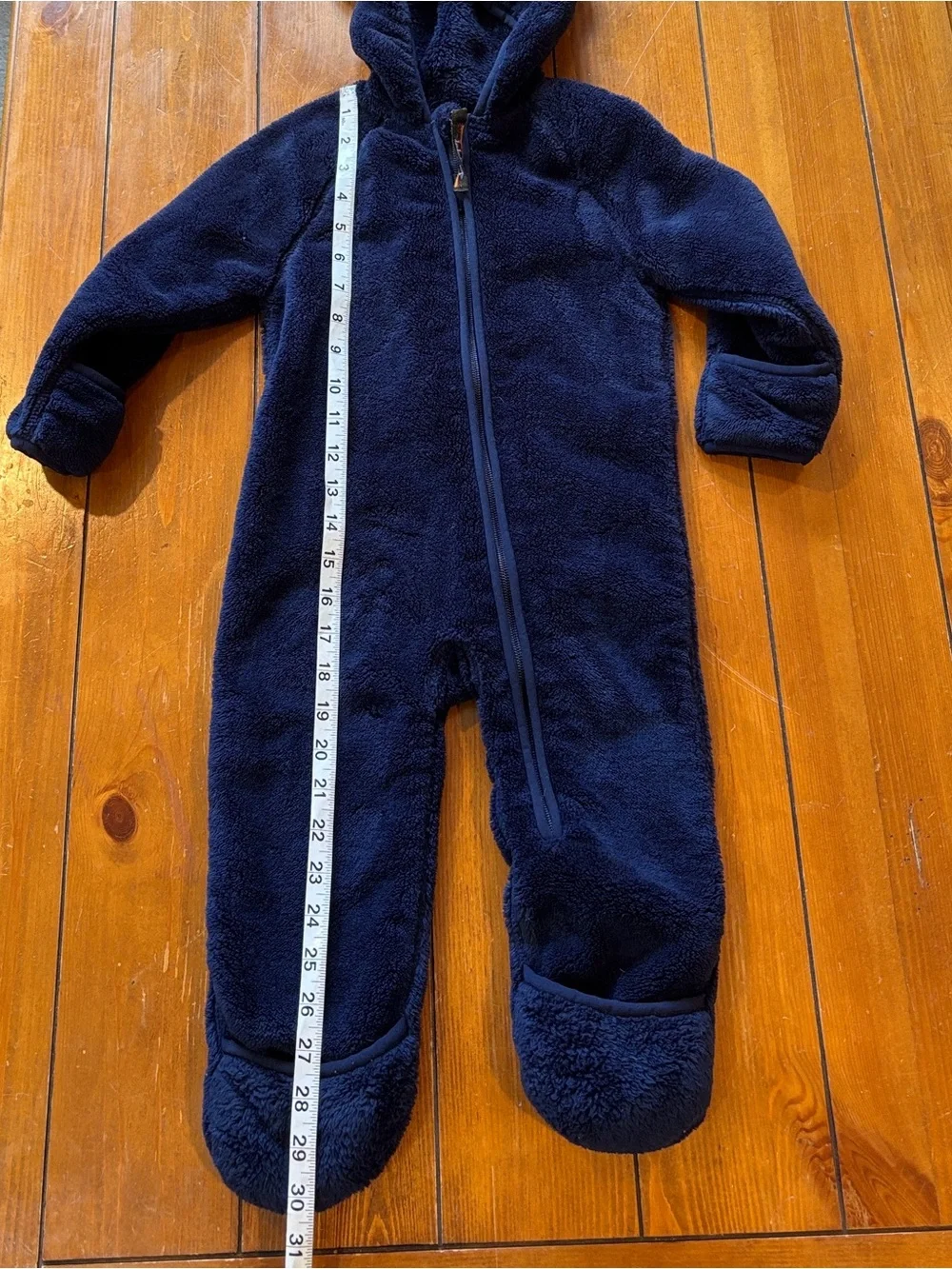 LL Bean Plush Navy Fleece One-Piece with Hood Size 12-18M EUC